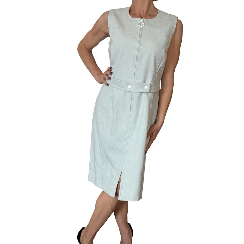 PAULE‎ KA  Dress Mint Green Cotton Belted Sleeveless Belted Front Zip Retro 42 8